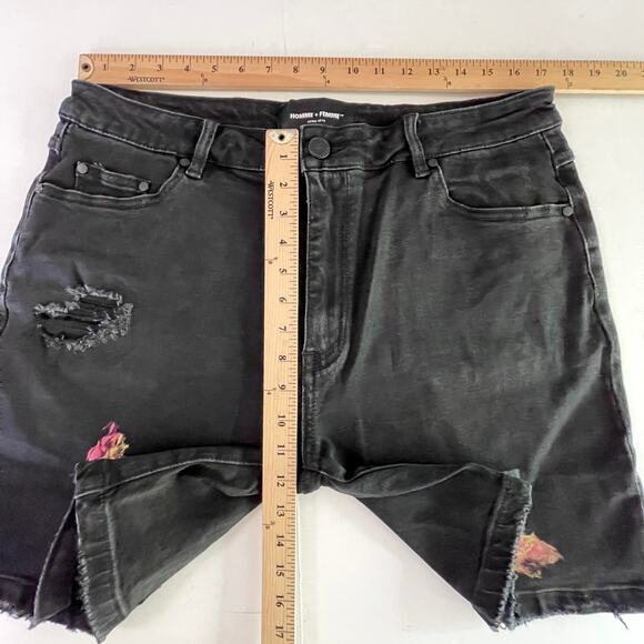 Homme + Femme NEW Distressed Flames Logo Jean Shorts Mens Sz 36 Black Stretch - Picture 8 of 10